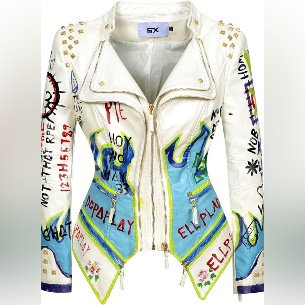 Punk Floral Embroidered short Faux Leather Jacket Hand-painted Moto PU Coat